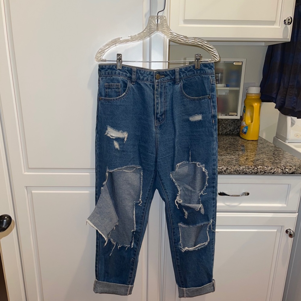Medium Wash Ripped High Rise Boyfriend Jeans